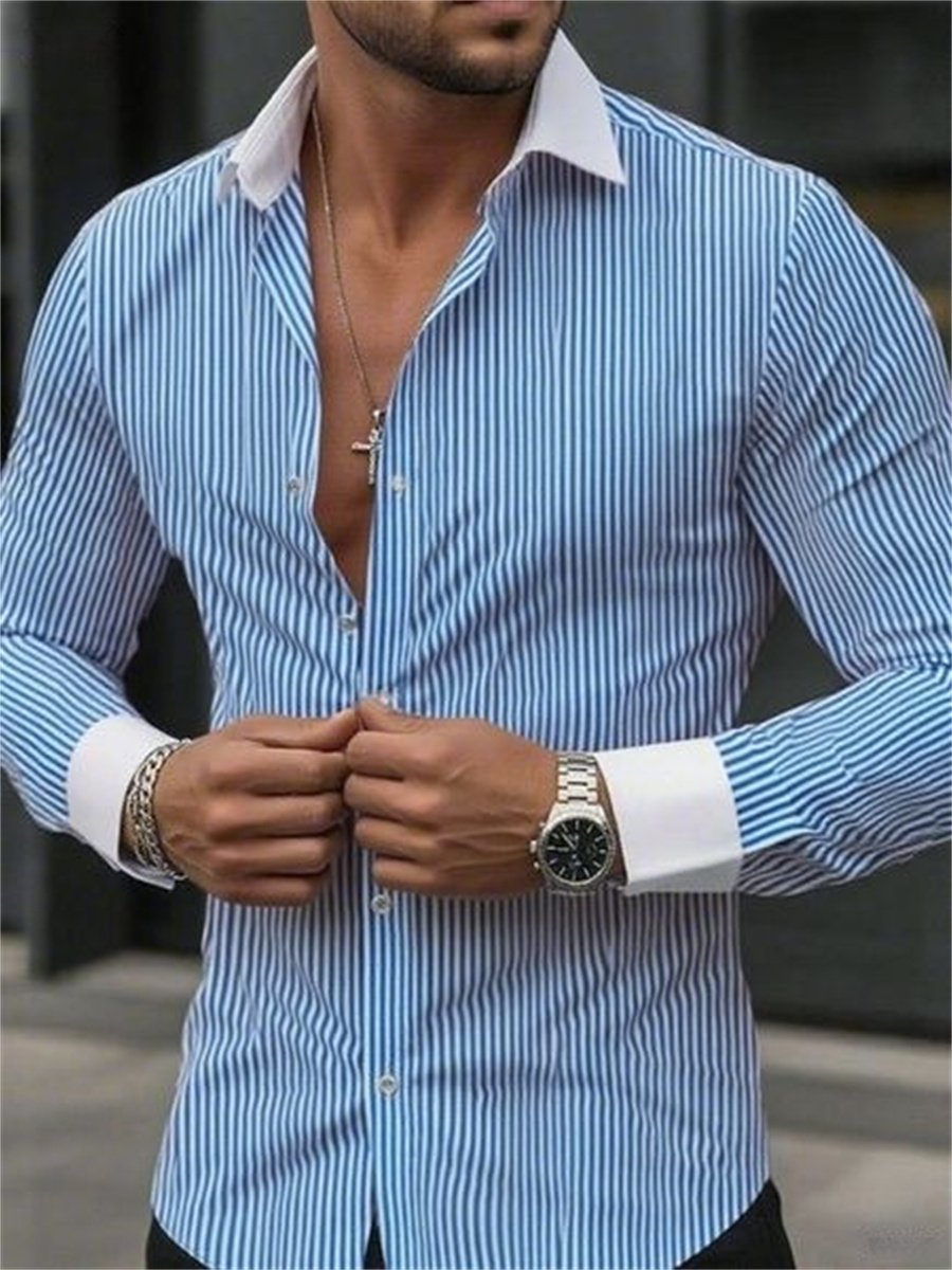 Men Formal Wear Shirts - 남성 슬림핏 스트라이프 라펠 긴소매 정장