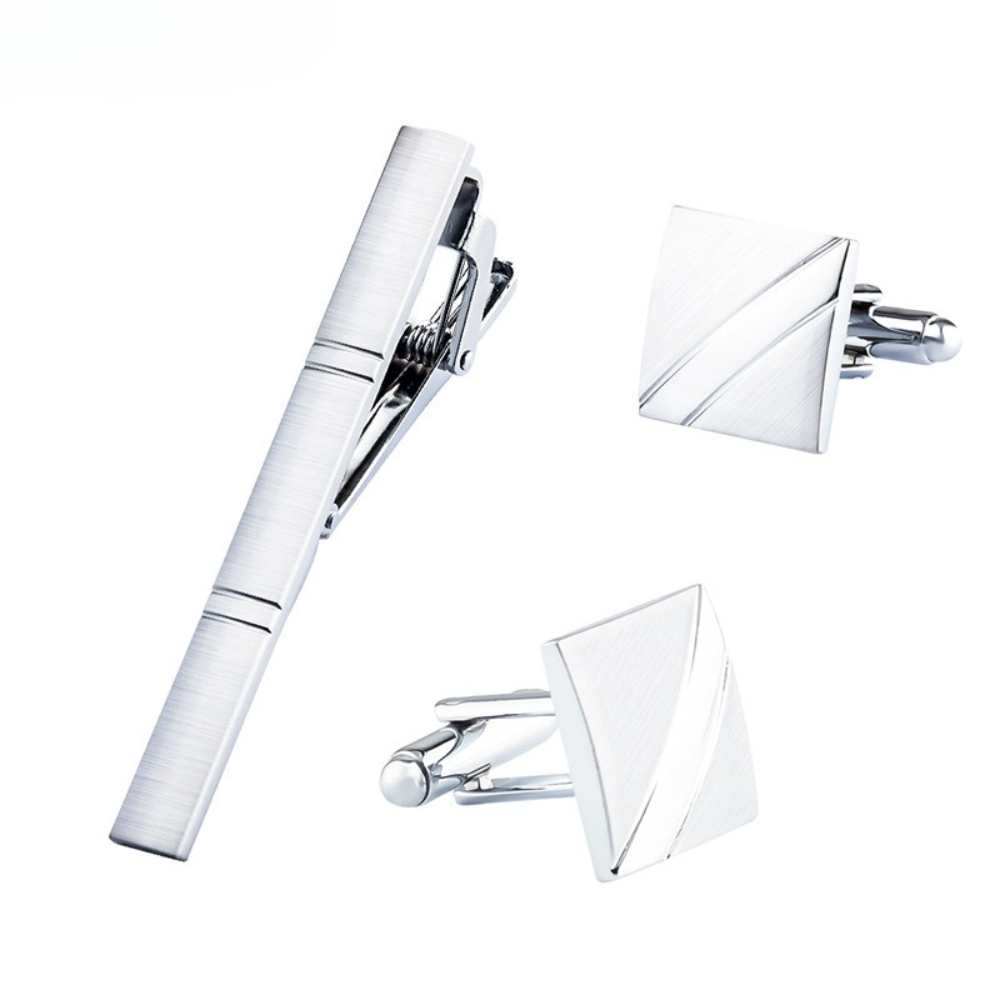 Cufflinks Silver Set - 남성용 새 실버 사각 브러쉬드 메탈