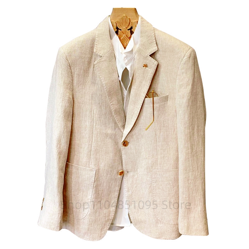 Men Formal Wear With Coat - 베이지 남성 정장 리넨 블레이저 재킷