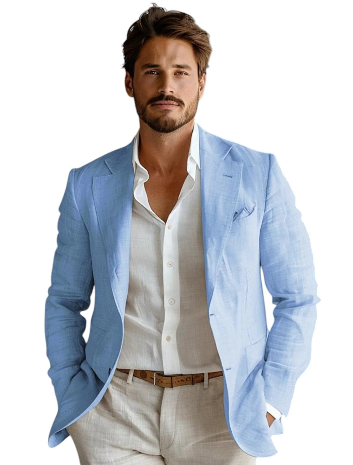 Men Formal Wear With Coat - 블루 슬림핏 남성 린넨 블레이저 캐주얼