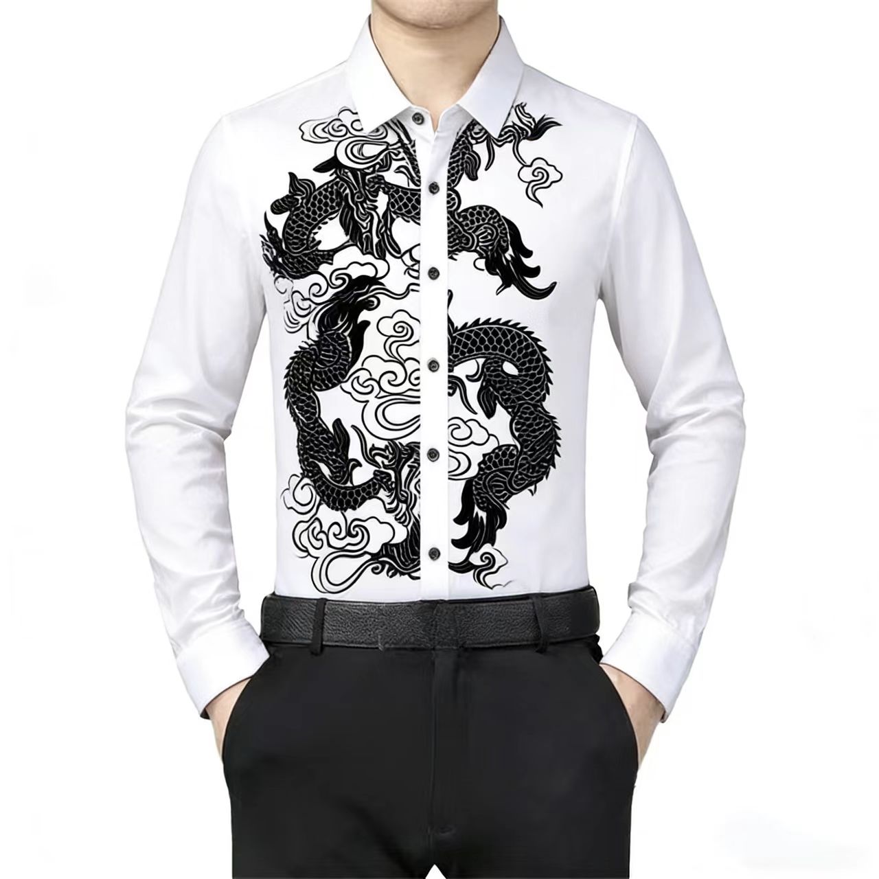 남성용 긴소매 셔츠 중국 용 문양 전통 동양 스타일 캐 - Men Formal Wear Shirts 리뷰 및 가격