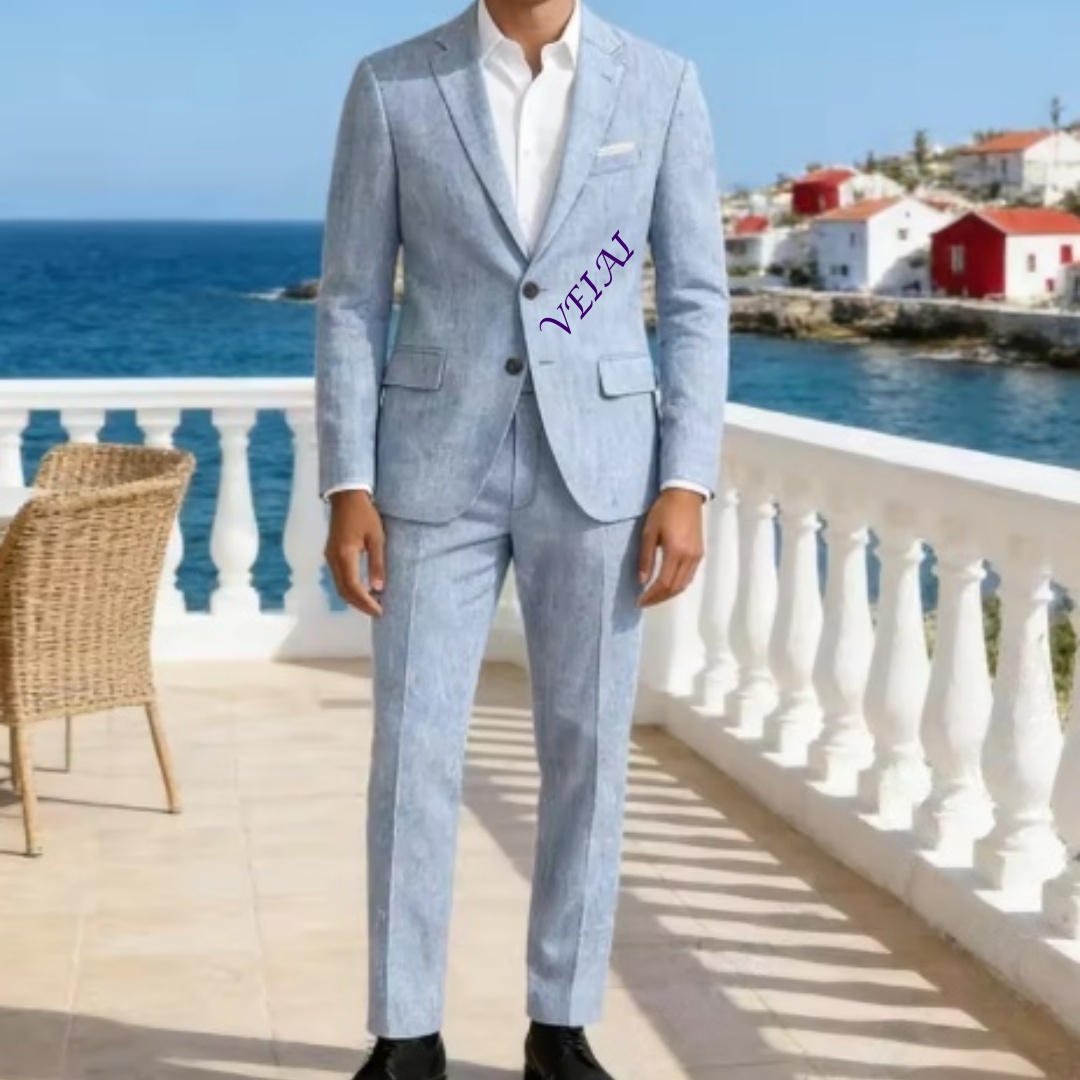 맞춤형 소프트 스카이 블루 리넨 2피스 슈트 슬림핏 노 - Men'S Formal Beach Wear 리뷰 및 가격