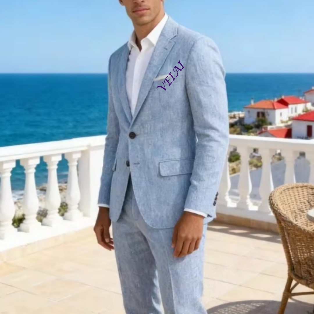 맞춤형 소프트 스카이 블루 리넨 2피스 슈트 슬림핏 노 - Men'S Formal Beach Wear 리뷰 및 가격