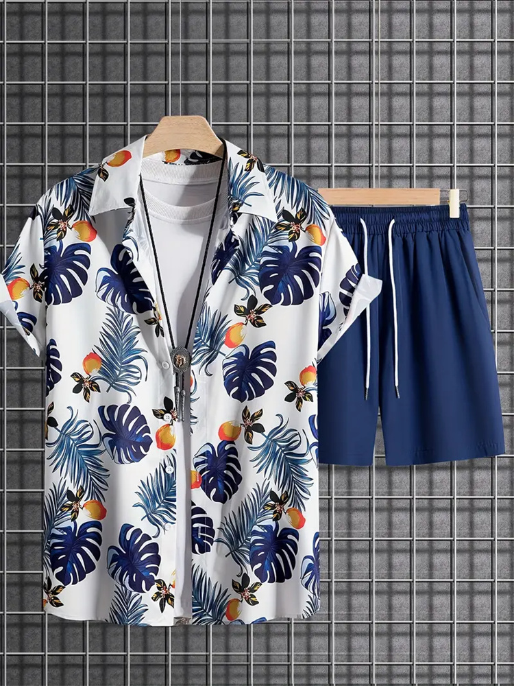 새로운 여름 패션 하와이 남자 세트 남자 잎 인쇄 반팔 - Men'S Formal Beach Wear 리뷰 및 가격