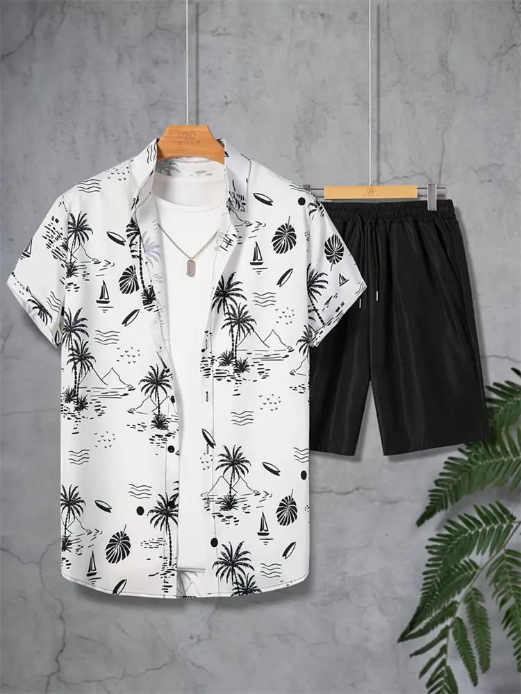 새로운 여름 패션 하와이 남자 세트 남자 잎 인쇄 반팔 - Men'S Formal Beach Wear 리뷰 및 가격