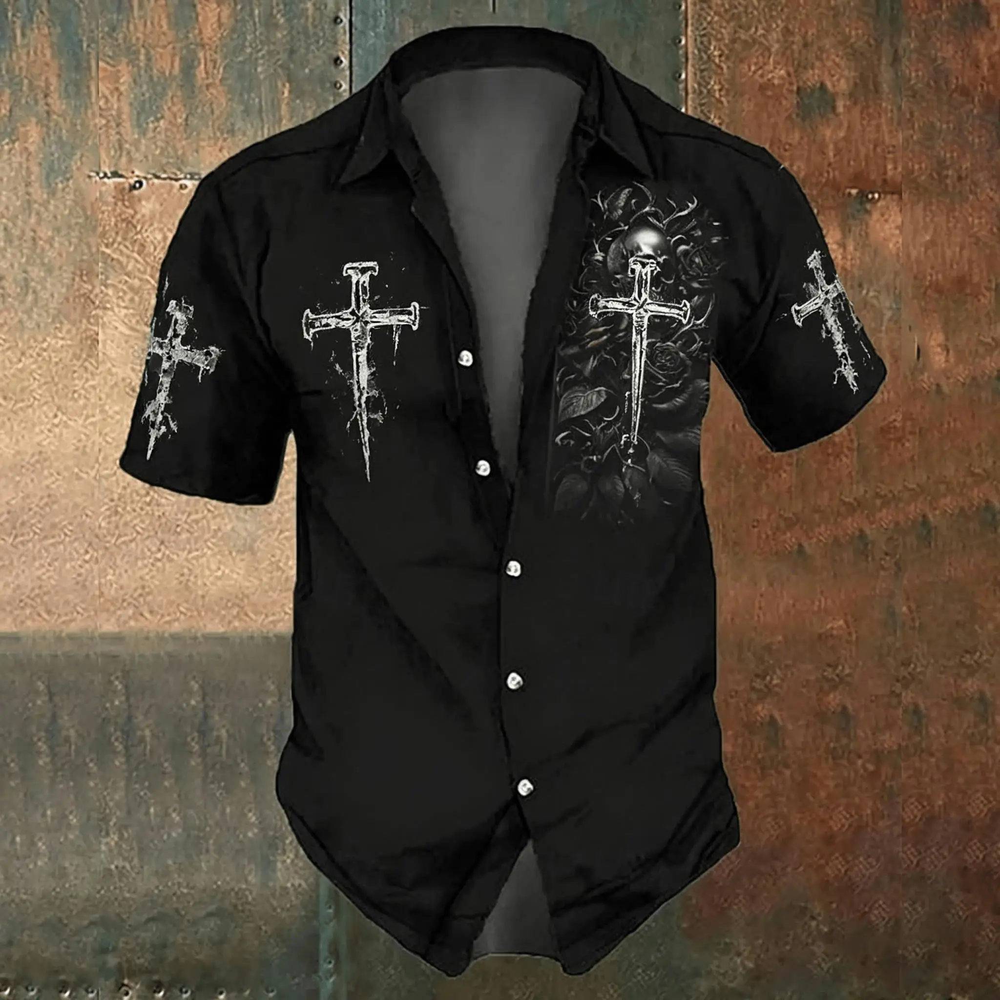 남성용 블랙 크로스 프린트 캐주얼 셔츠, 봄과 여름을  - Men'S Gothic Formal Wear 리뷰 및 가격
