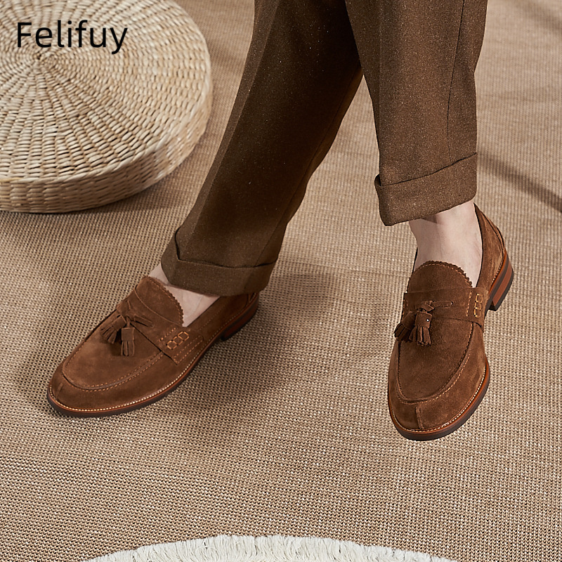 새로운 브라운 남성 플랫 로퍼 소가죽 스웨이드 태슬 캐 - Men Formal Wear For Wedding 리뷰 및 가격