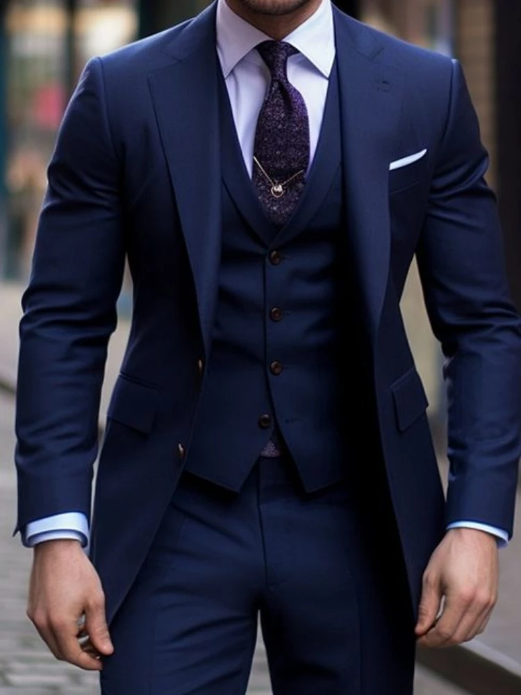 네이비 블루 3 조각 캐주얼 남성 정장 슬림 피트 노치 - Men Formal Wear For Wedding 리뷰 및 가격