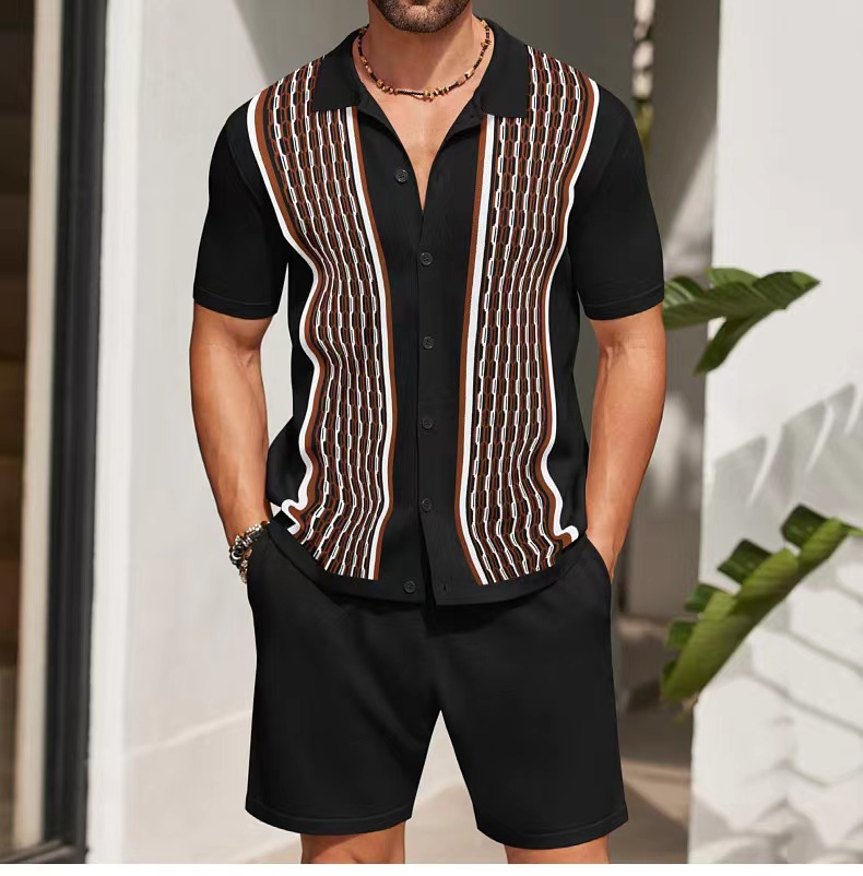 간단한 남자 셔츠 세트 빈티지 스트라이프 옷깃 짧은 소 - Men'S Formal Beach Wear 리뷰 및 가격