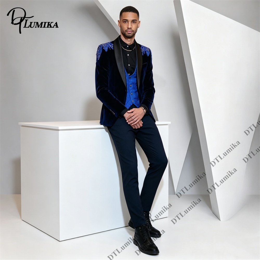 Peagent Men 3 피스 벨벳 슈트 블랙 새틴 라 - Men Formal Wear For Wedding 리뷰 및 가격