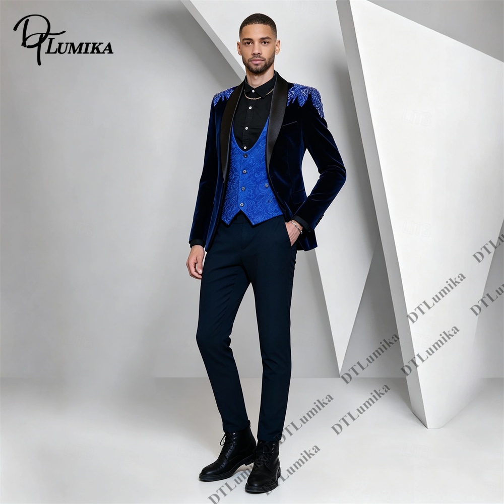 Peagent Men 3 피스 벨벳 슈트 블랙 새틴 라 - Men Formal Wear For Wedding 리뷰 및 가격